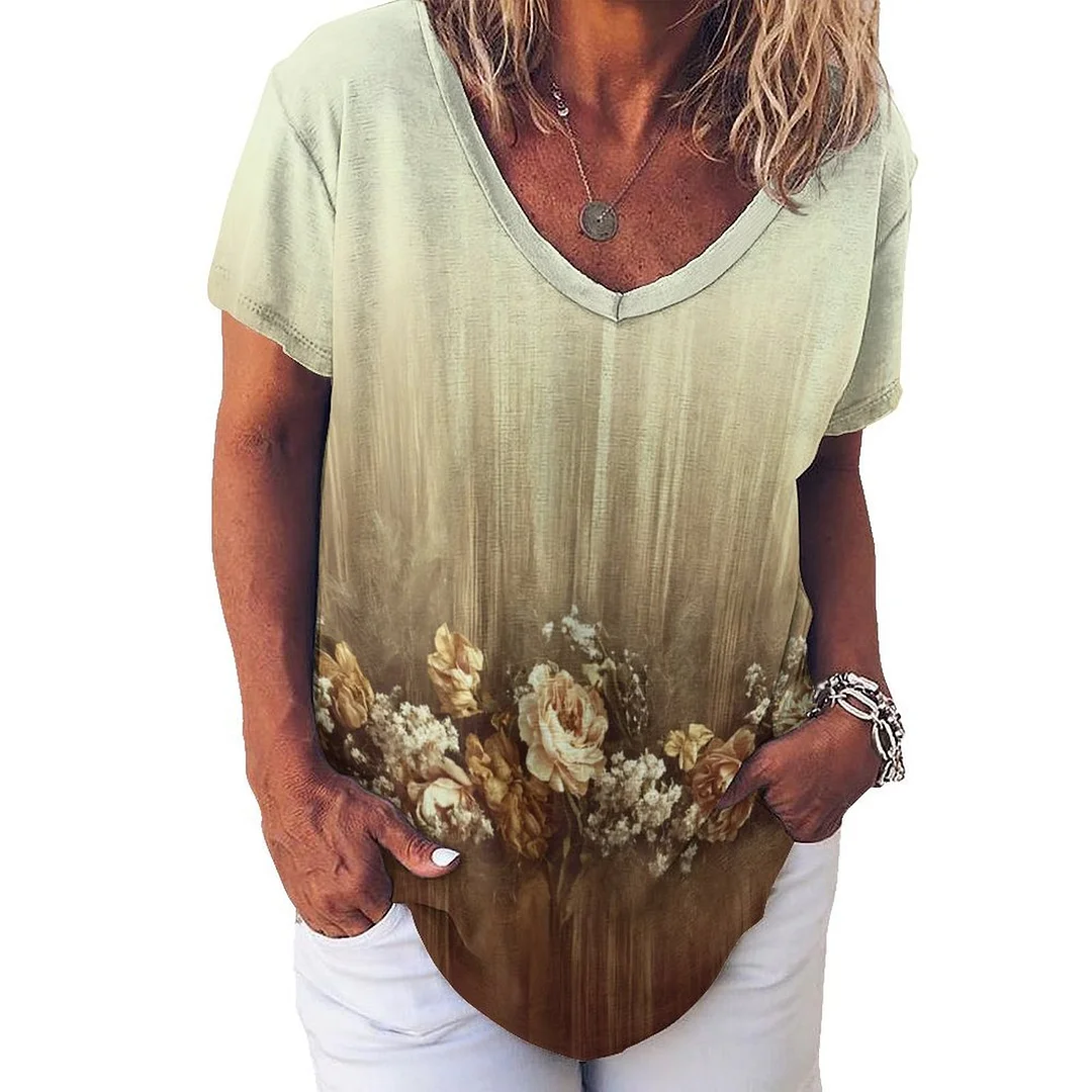 V-neck Short Sleeve Casual T-shirt for  Women Printed with Pattern Khaki, Floral, Striped