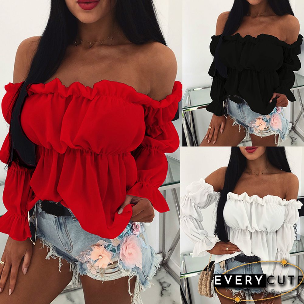 Womens Tops And Blouses Sexy Solid Color Off Shoulder Ruff Sleeve Long Sleeve Ruffled Women Blouse Women Shirts