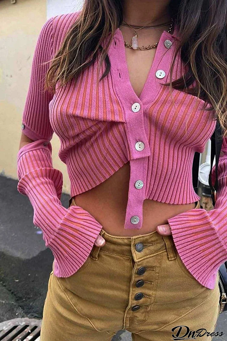 Detachable Sleeve Button Down Knitted Tops