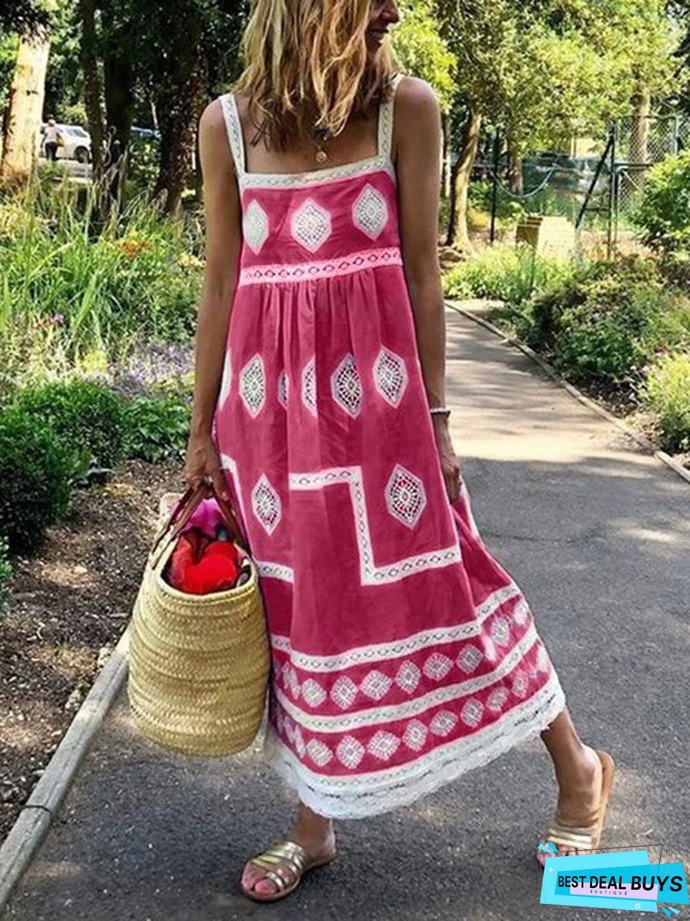 Women Boho Holiday Graphic Linen Maxi Dress