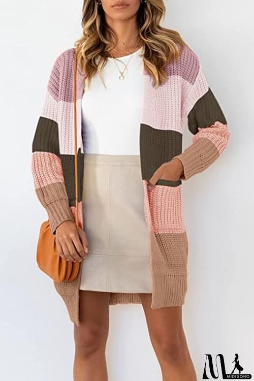 MidiSono - Color Block Pocket Open Cardigan