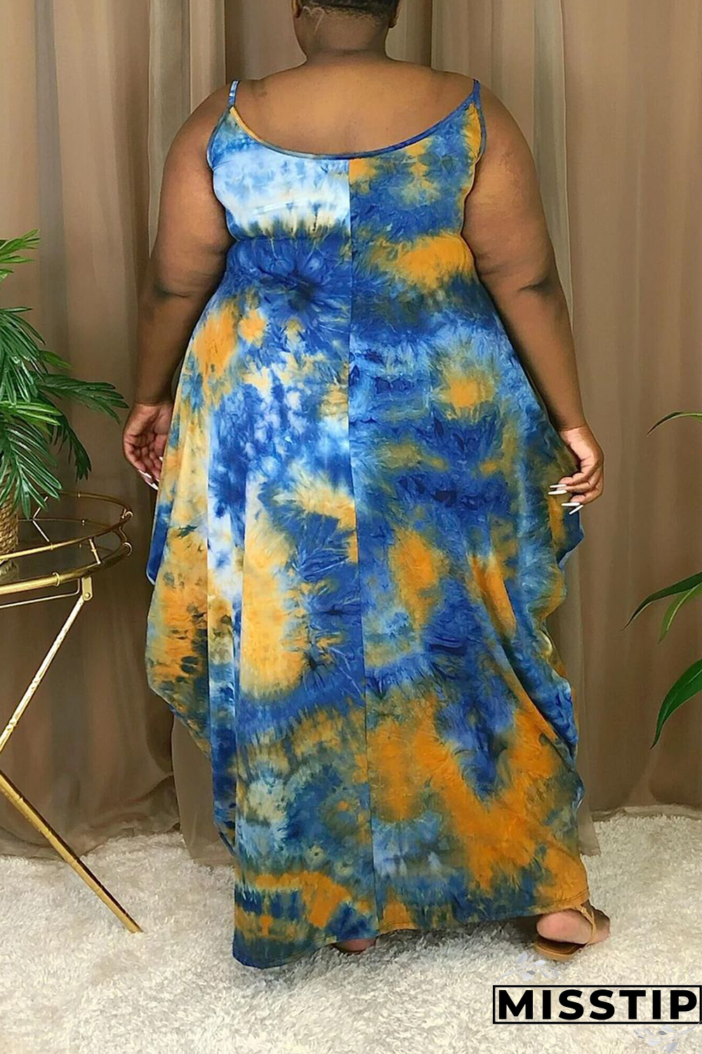 Deep Blue Sexy Print Patchwork Spaghetti Strap Irregular Dress Plus Size Dresses