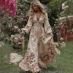 Women's Vintage Rose Floral Embroidery Art Casual Long Sleeve Maxi Dress - Image 2