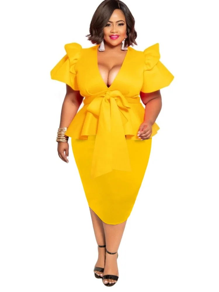 CM.YAYA Women Dress Plus Size Solid Short Sleeve Ruffles V-neck Sheath Elastic Mid Calf Pencil Dresses Office Lady Fashion Dress