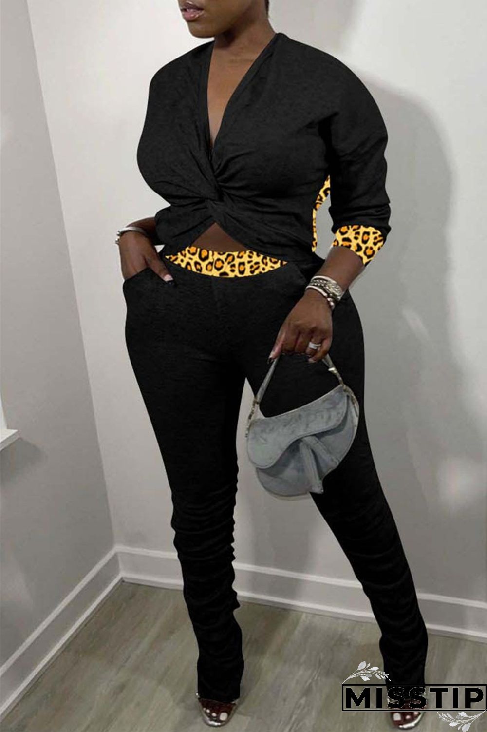 Black Fashion Casual Print Leopard Patchwork Fold V Neck Long Sleeve Two Pieces