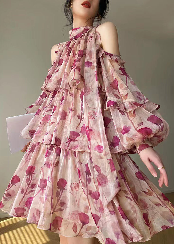 VCSHOES Pink Print Ruffled Lantern Sleeve Cold Shoulder Dress