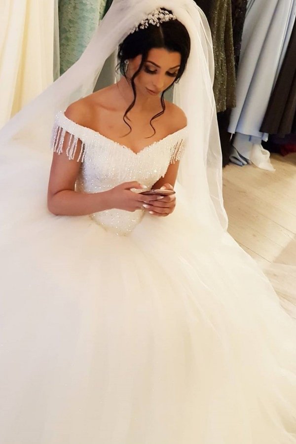 Bellasprom Amazing Off-the-Shoulder Beading Backless Long Wedding Gown With Tassels