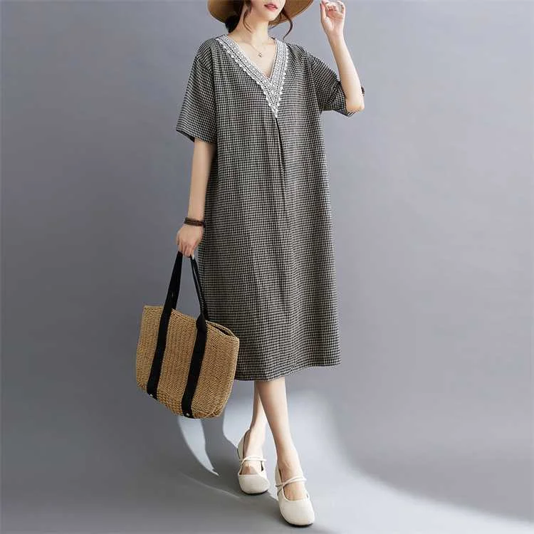 Vintage Lace Plaid V-Neck A-Line Dress