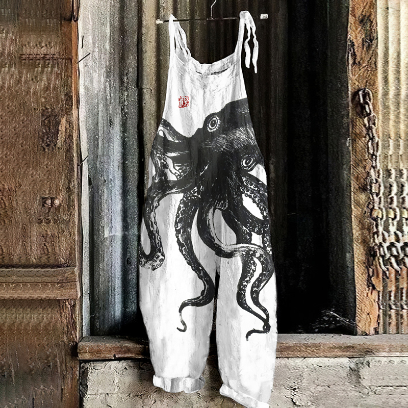 Vintage  Japanese Art Octopus Linen Blend Loose Casual Jumpsuit