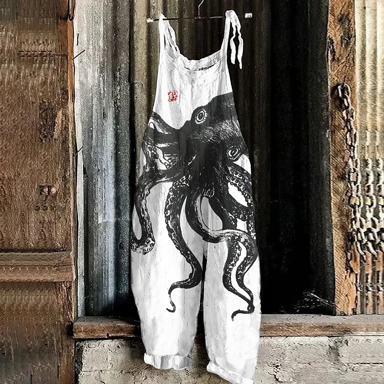 Vintage  Japanese Art Octopus Linen Blend Loose Casual Jumpsuit