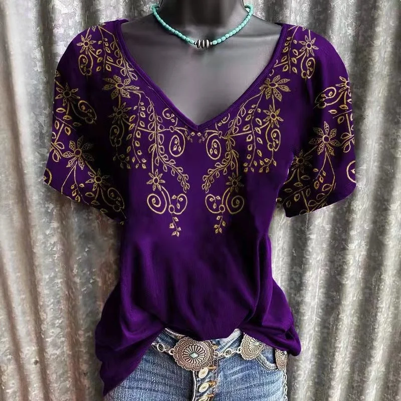 Women's V-neck Fashion Floral Print T-shirt