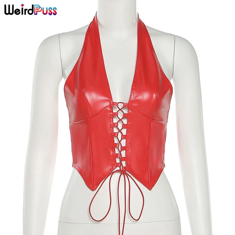 Weird Puss Halter V-Neck Bandage Sexy Y2K PU Leather Croped Crop Fashion Backless Sleeveless Chic Slim Party Clubwear Camisole