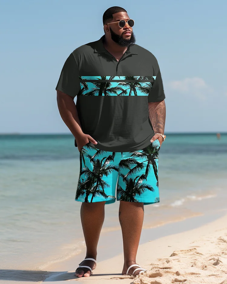 Hawaiian Coconut Tree Print Shorts Men's Plus Size Set