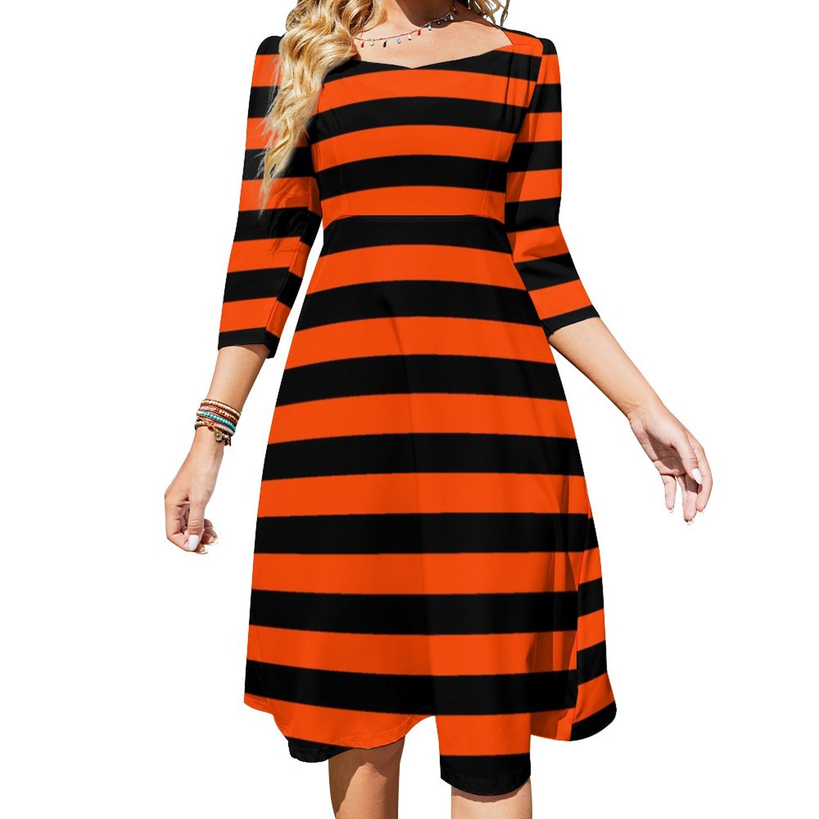 Checkerboard Striped Black And Orange Red Design Dress Sweetheart Tie Back Flared 3/4 Sleeve Midi Dresses