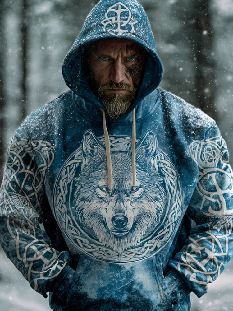 Men's Blue And White Gradient Wolf Head Design Hooded Sweatshirt
