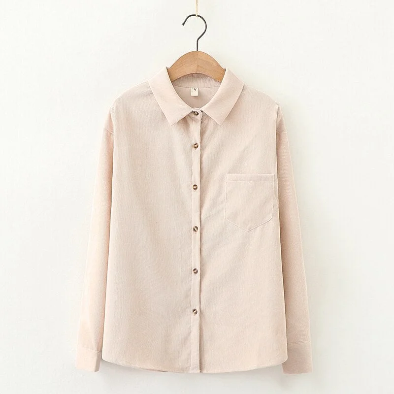 Simple Corduroy Shirts Women 2021 Spring New Casual Loose Blouses and Tops Lady Long Sleeve Blouse Young Style Clothes