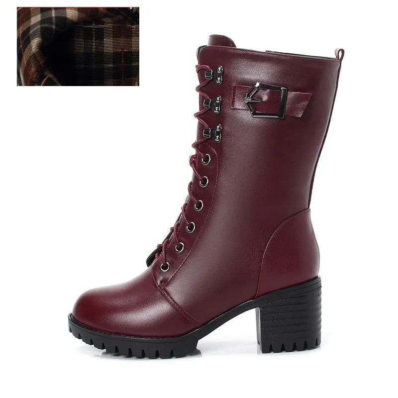 GKTINOO Boots Women Genuine Leather High-heeled Large Size Motorcycle Boots Women New Wool Warm Winter Boots for Women