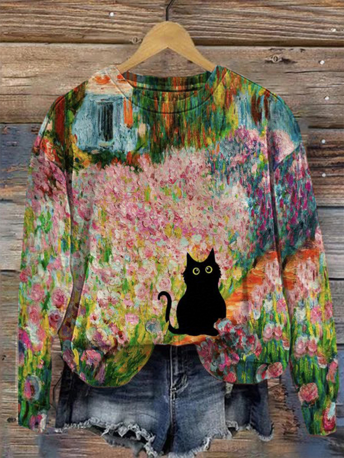 Comstylish Black Cat Print Casual Hoodie
