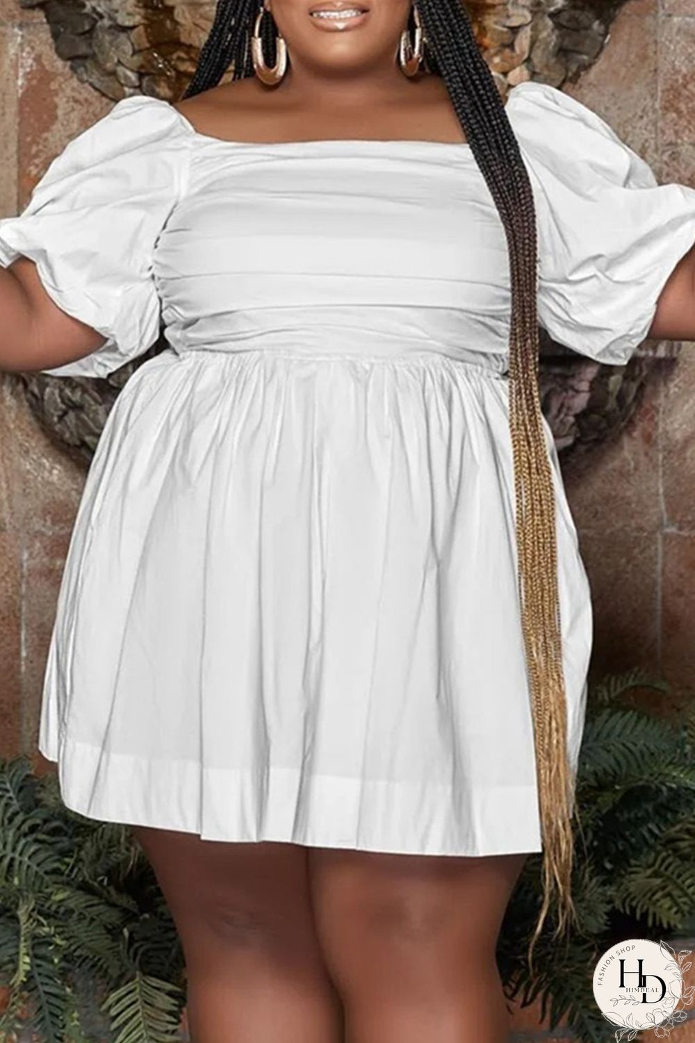 White Fashion Casual Plus Size Solid Patchwork Square Collar Short Sleeve Dress