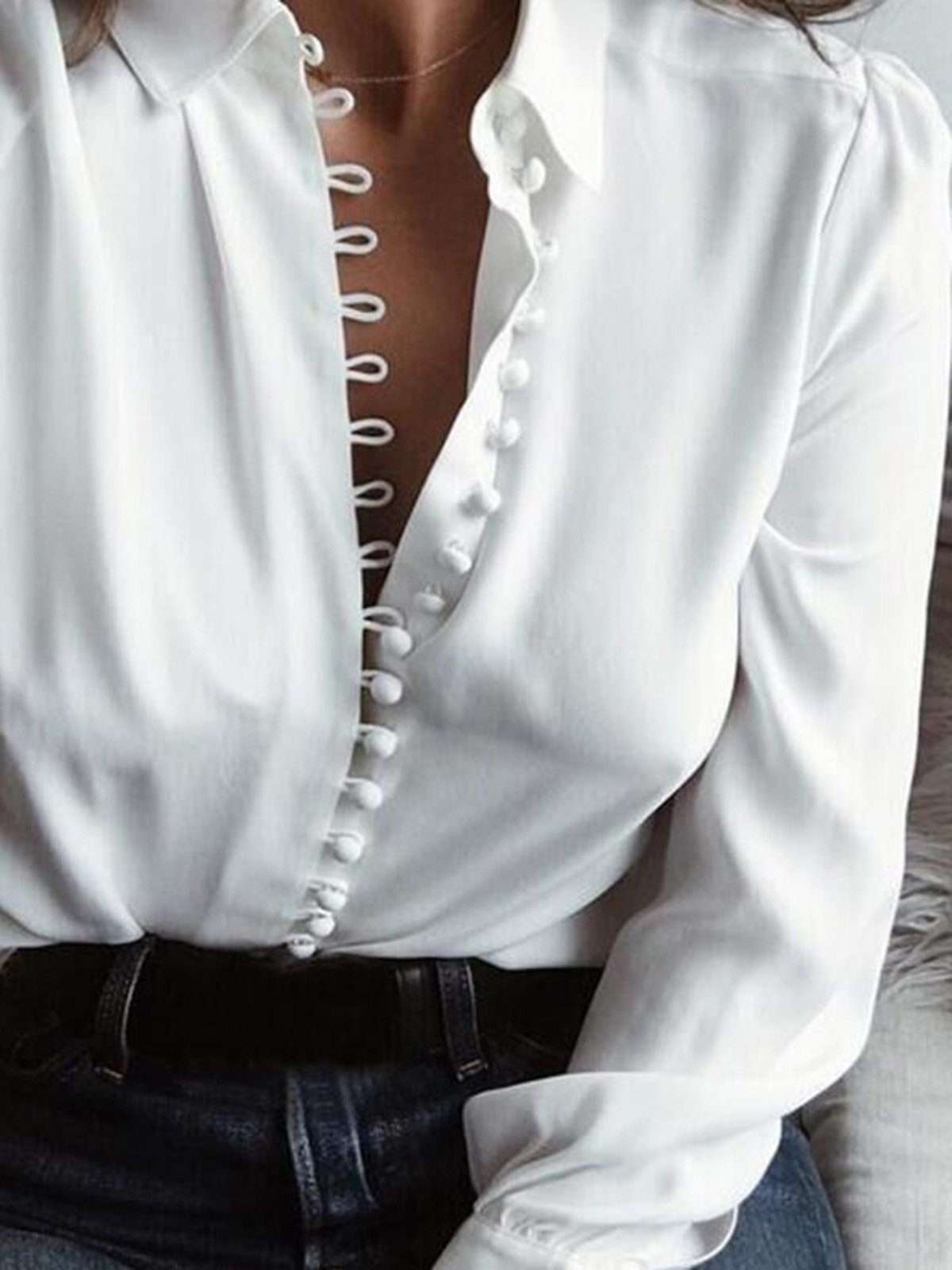 Long Sleeve Buttoned Shirt Collar Solid Shirts