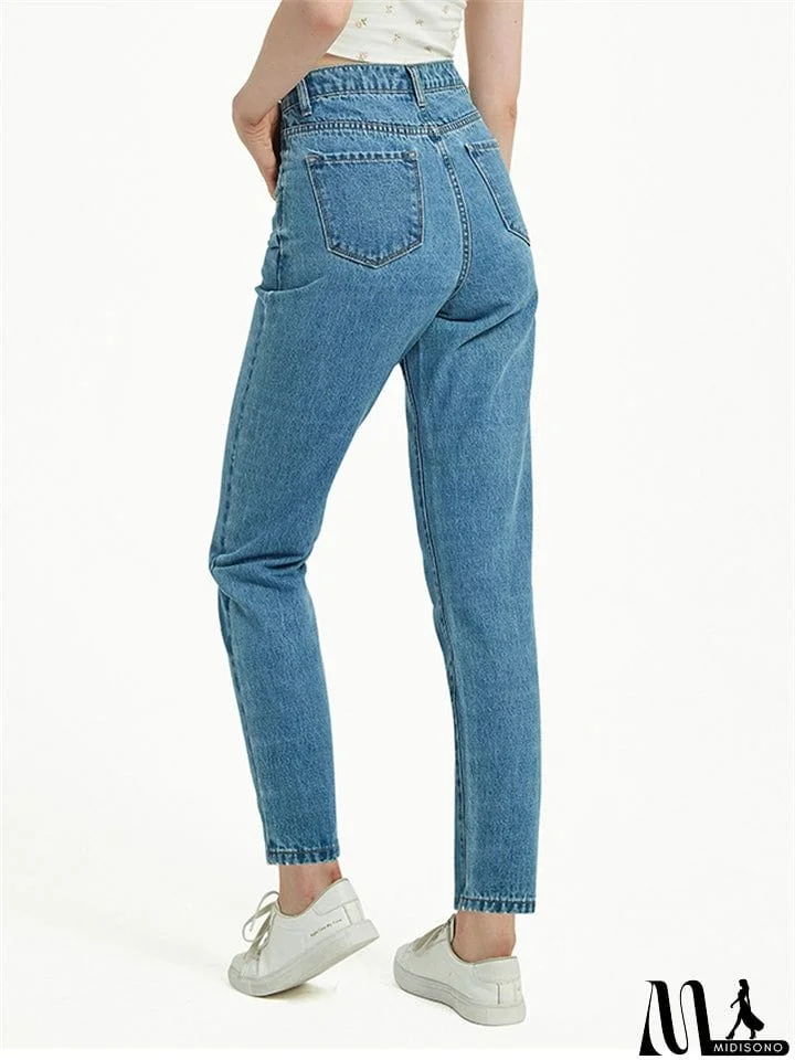 MidiSono - Daily Casual Style Washed Effect Slim Fit Harem Pants Denim Jeans for Women