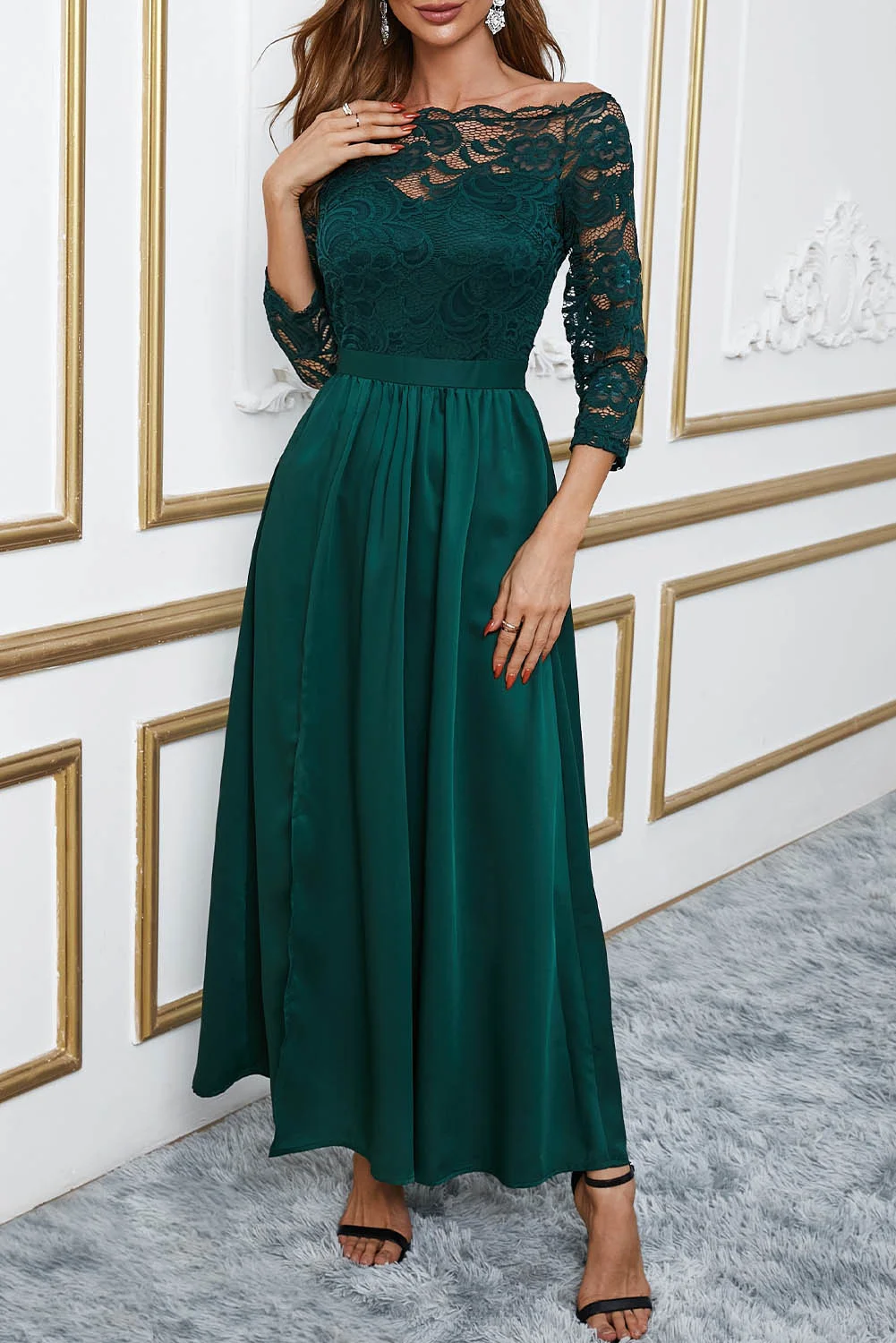 Green Off Shoulder Lace Bodice High Waist Maxi Skirt Evening Dress | IFYHOME