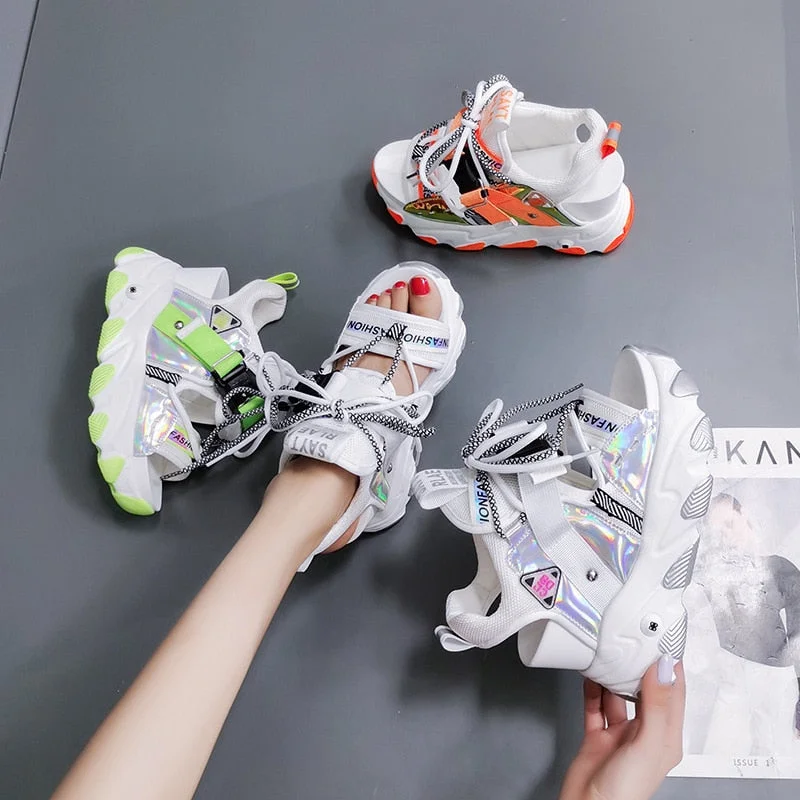 Comemore 2021 Platform Gladiator Sandals Lace Up White Sandals Women High Heels Wedges Casual Sports Shoes Woman Spring Summer