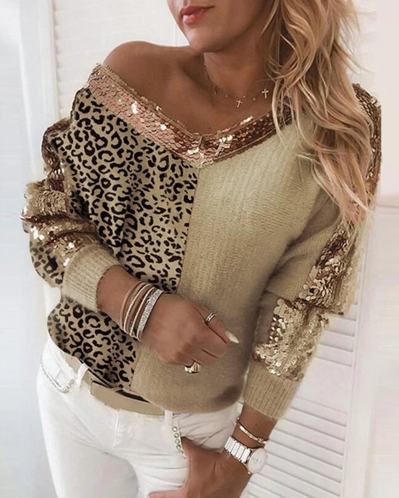 V Neck Leopard Sequin Pattern Knit Cardigan - VSMEE