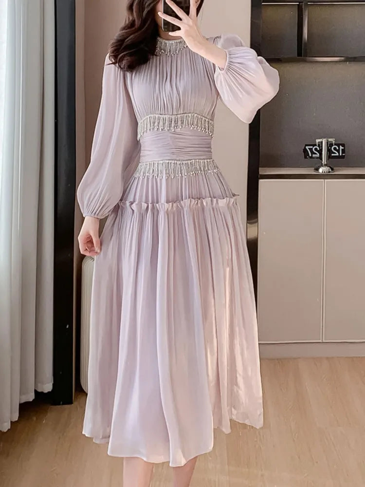 Aiertu Fashion New Women Elegant Casual Midi Long Prom Dress Puff Sleeve A-Line Solid Vintage Party Birthday Clothes Female Robe Mujers Aiertu