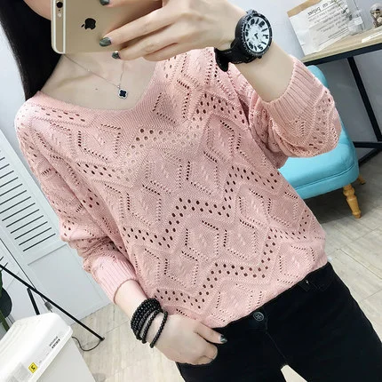 Churchf Churchf 2023 New Women's Loose V-Neck Hollowed-Out Thin Top Burst Sweater Knit Bottom Bat Shirt