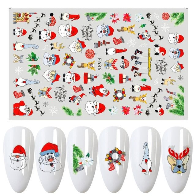 Merry Christmas 3D Nails Sticker Winter Cute Cartoon Sliders Snowflake Elk Xmas Tree Decal UV Gel Polisn Manicures Foils Decor