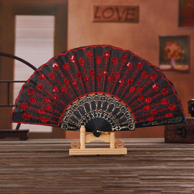 Black Rod Sequin Fan Embroidery Fan Dancing Folding Fan Peacock Fan Gift Folding Fan Fan Wing Chun Fan