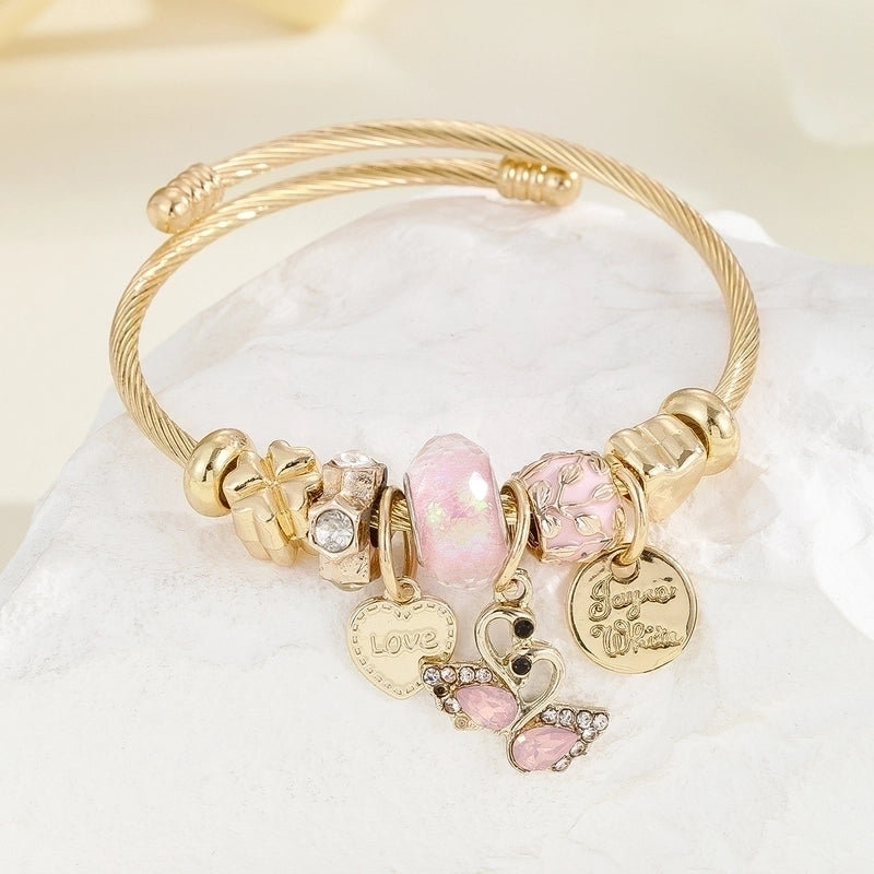 Casual Modern Style Classic Style Swan Bear 304 Stainless Steel Alloy Gold Plated Rhinestones Pearl Bangle In Bulk