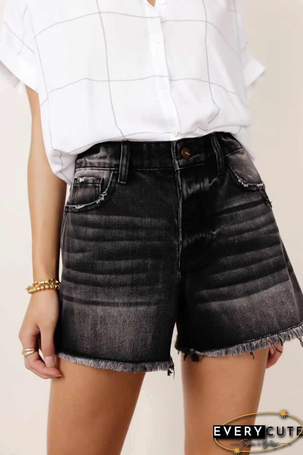Black Vintage Washed High Waist Frayed Cutoff Denim Shorts