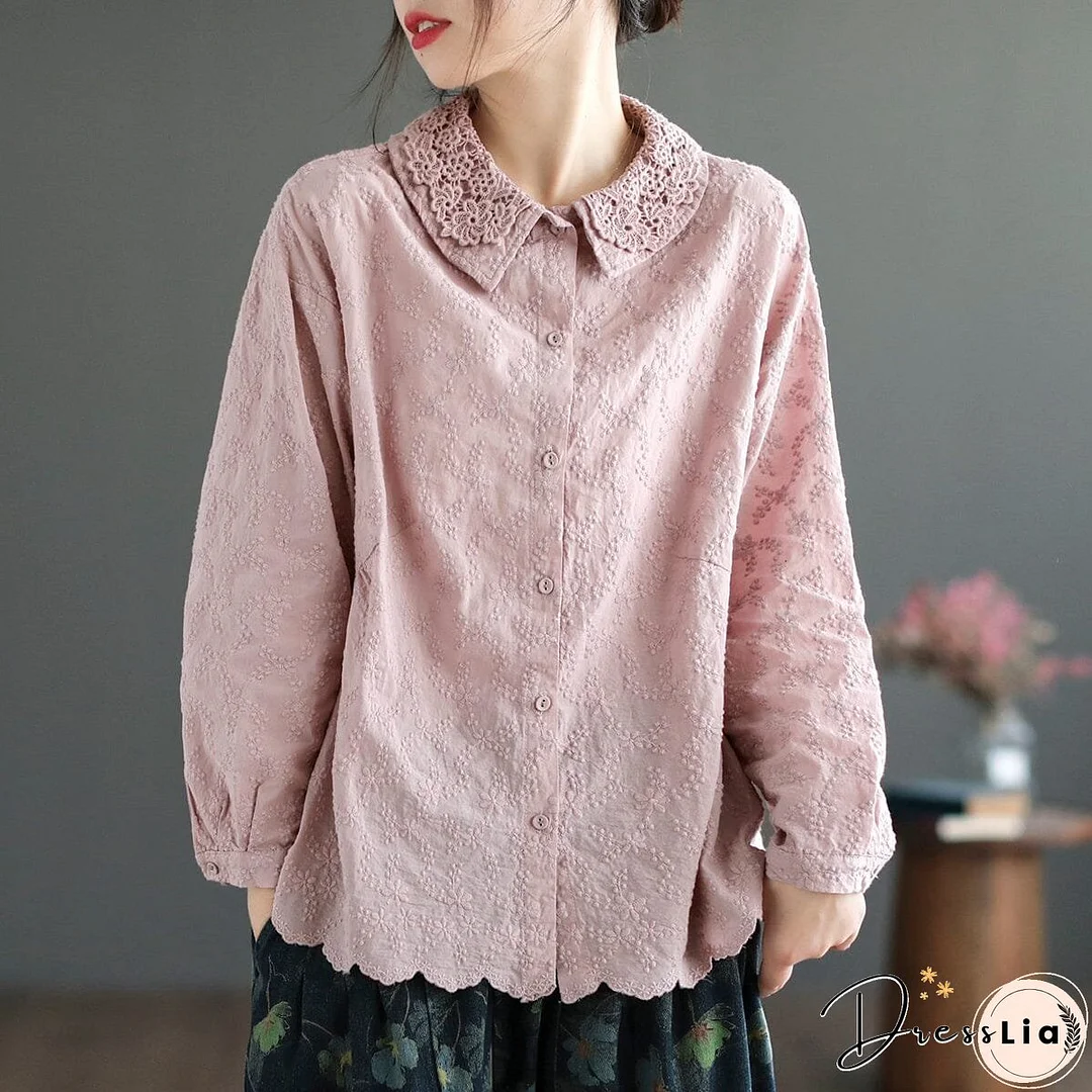 Women Spring Retro Embroidery Double Layers Blouse
