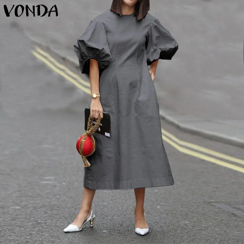 Mid-Calf Dress 2022 VONDA Woman Summer O Neck Short Lantern Sleeve Dresses Bohemian Party Vestidos Femme Mid-Calf Length Robes