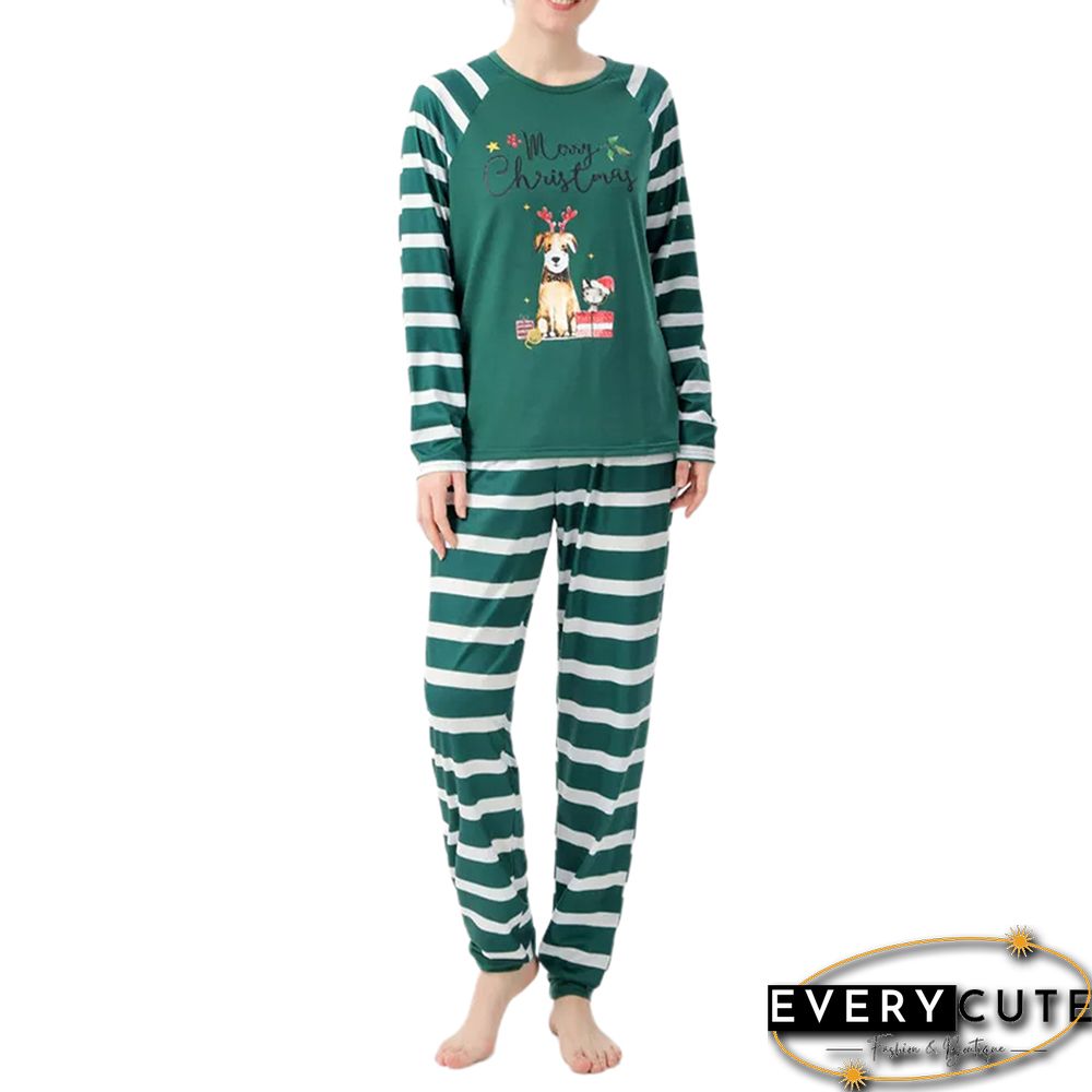 Green Striped Graphic Print Cotton Blend Lounge Set