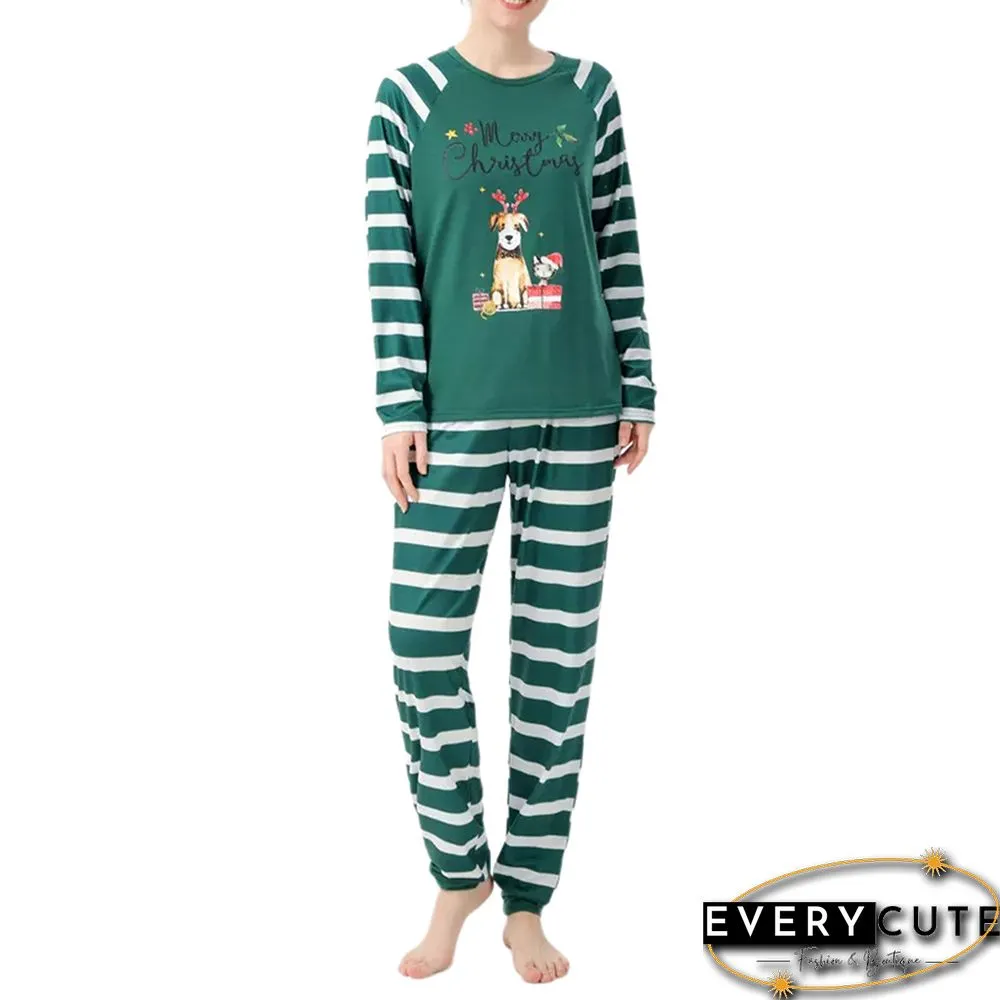 Green Striped Graphic Print Cotton Blend Lounge Set
