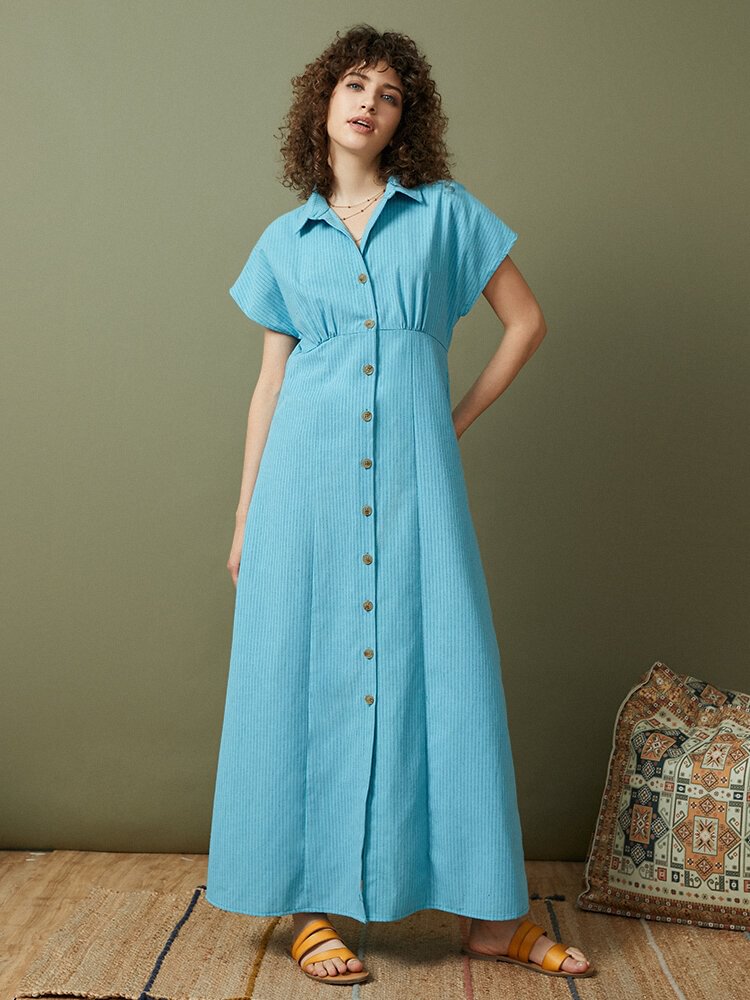 Stripe Short Sleeve Lapel Button Down Shirt Maxi Dress