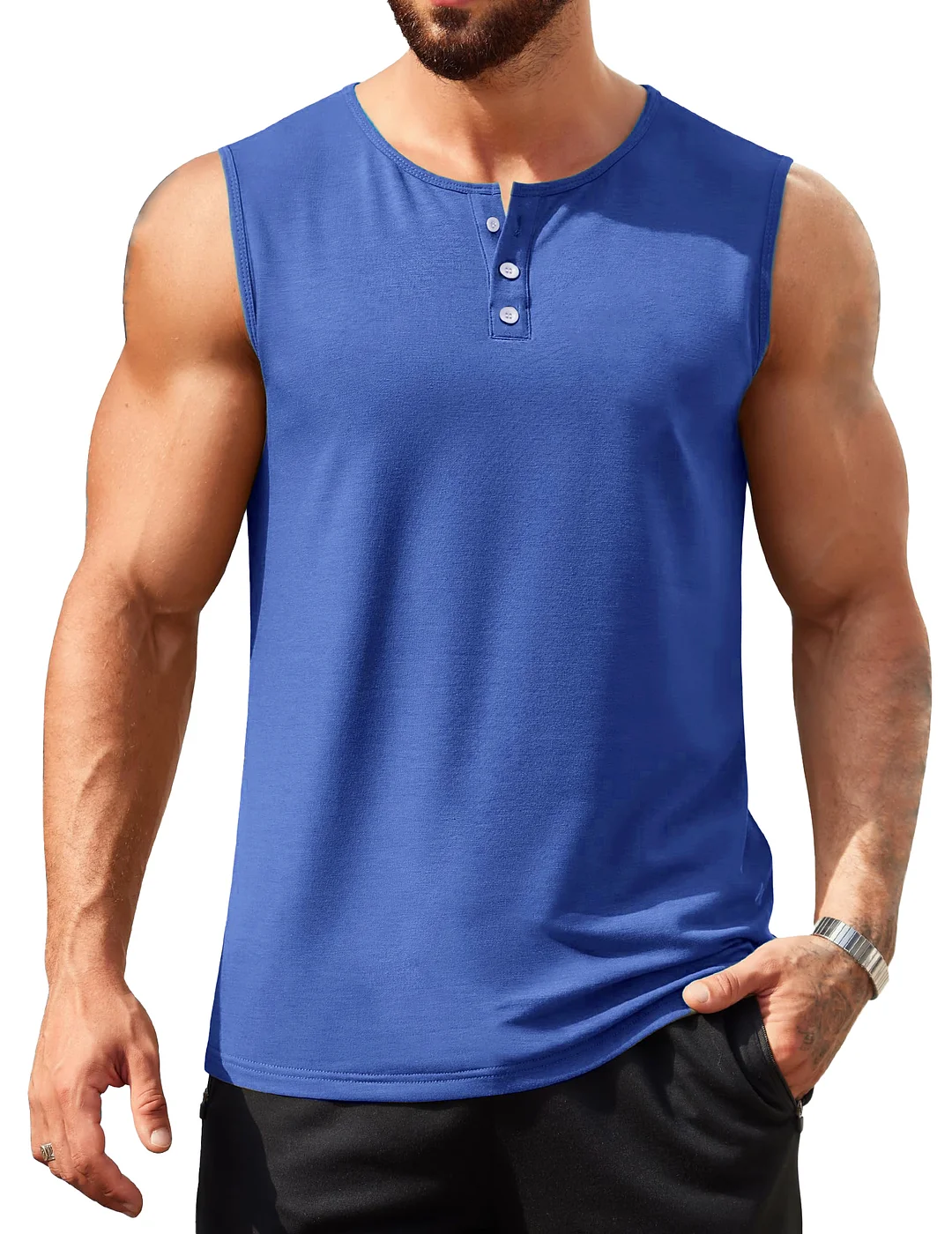 Men's Hawaiian Casual Comfort Button-Down Crew Neck Sleeveless Henley Shirt
