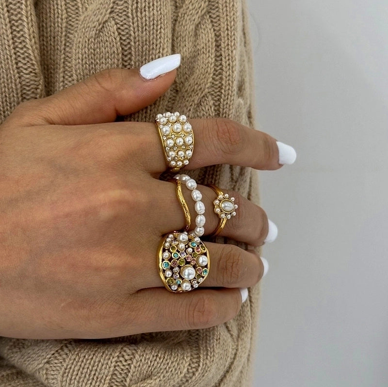 Exaggerated Geometric 304 Stainless Steel Pearl Zircon Gold Plated Plating Inlay Open Rings