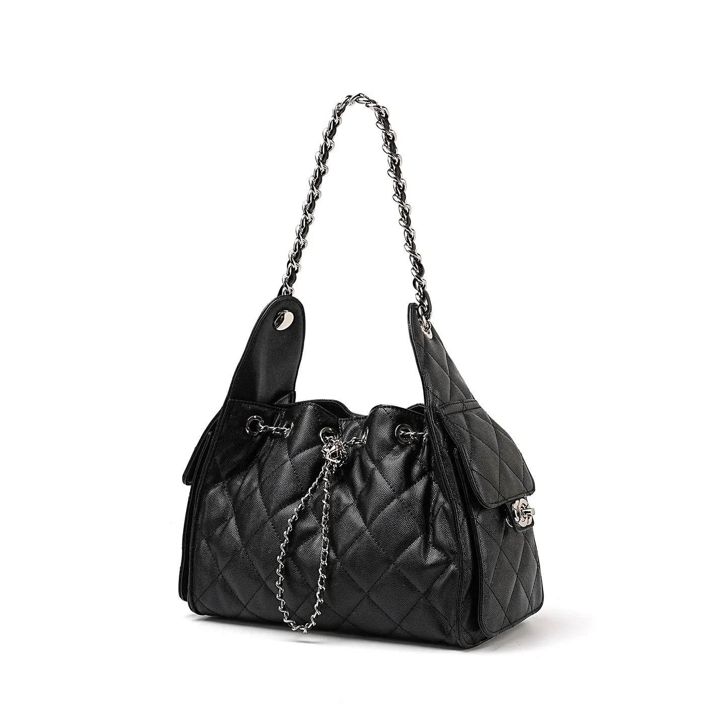 Women's Genuine Leather Quilted Caviar Grain Bag, Chain Crossbody & Underarm Hobo Bucket Bag-MERUMOTE