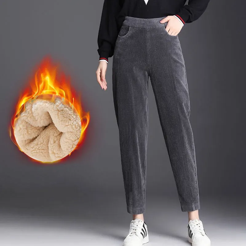 Women Pants Winter Casual Plush Thick Warm Pocket Corduroy Gym Workout Sport Pants Female Solid High Waist Cashmere Trousers