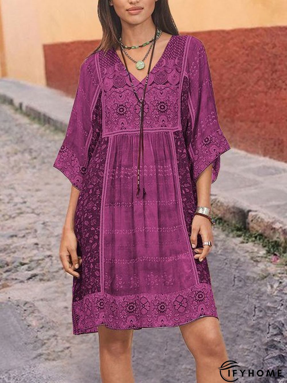 Women Half Sleeve V-Neck Vintage Floral Casual Midi Dress | IFYHOME