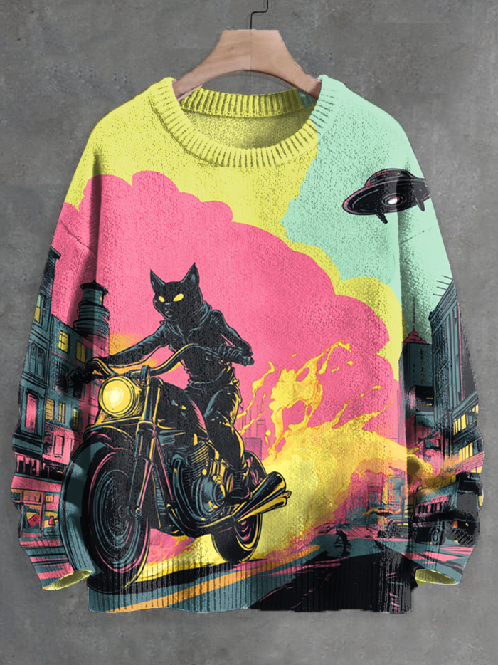 Men's Black Cat Riding Motorcycle Away From The Explosion UFO Art Print Knit Sweatshirt