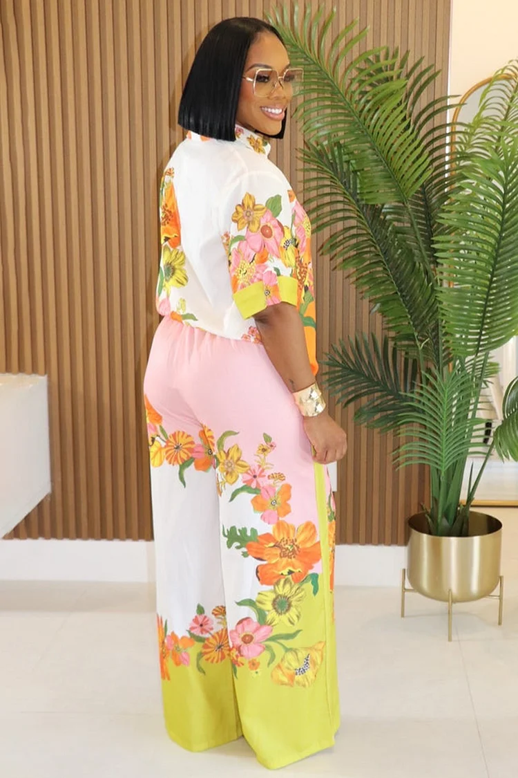 Floral Print Blouse Wide Leg Pants Vacation 2pcs Set-Pink