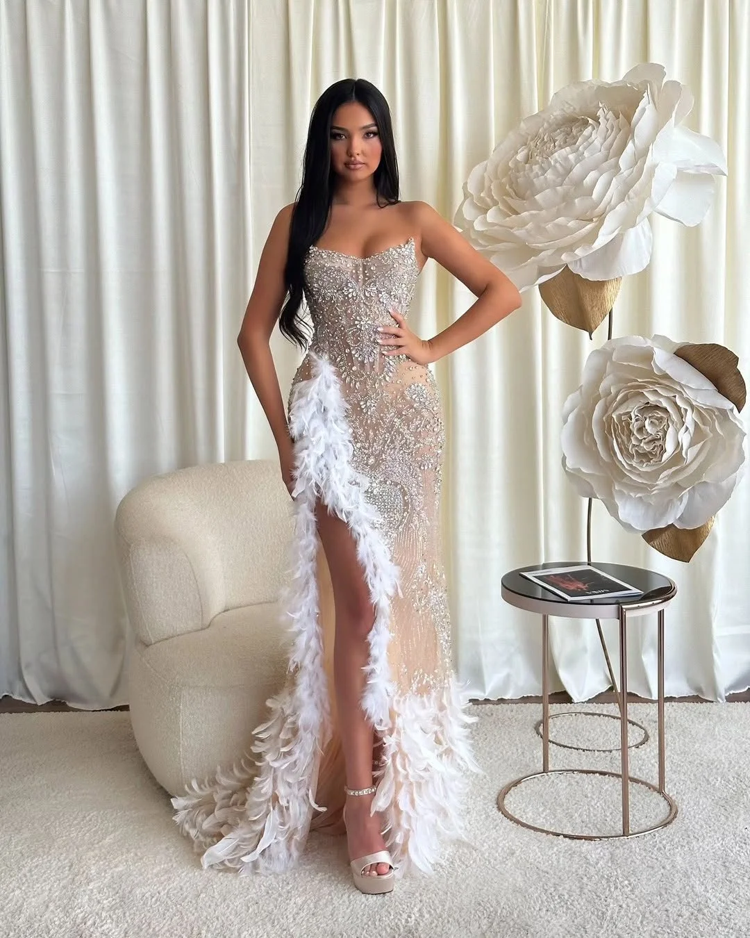 Dazzling Straight Across Beadings Sleeveless Feathers Split Prom Dress YK0272