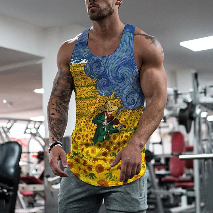 BrosWear Men'S Van Gogh Flower Field Print Tank Top