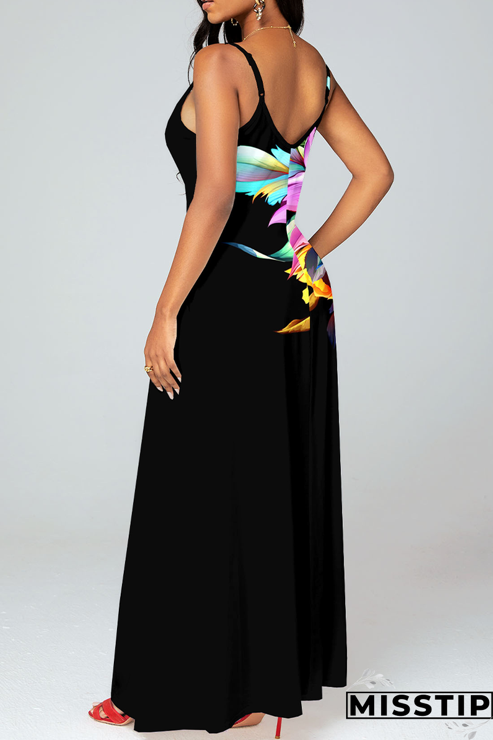 Black Fashion Print Patchwork Spaghetti Strap Straight Dresses