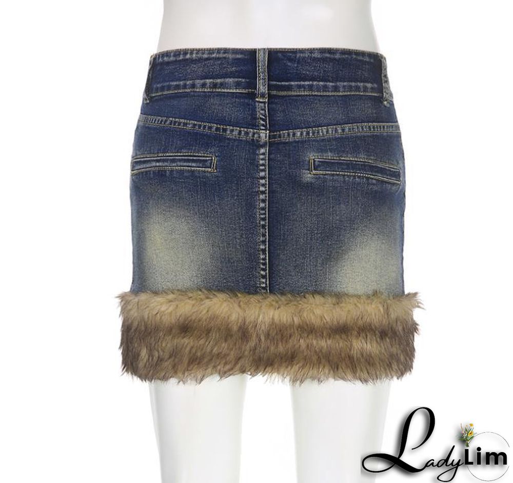 Fluffy Edge Wash Denim Retro Blue Stretch Skirt Female Style Bodycon Mini Skirt